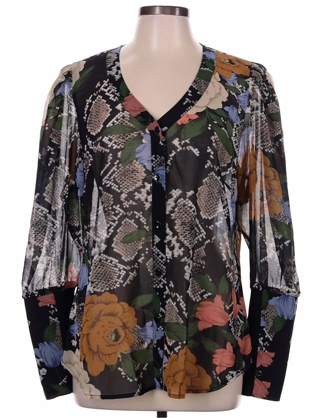 Floral Snake-Print V-Neck Blouse - Black/Multi